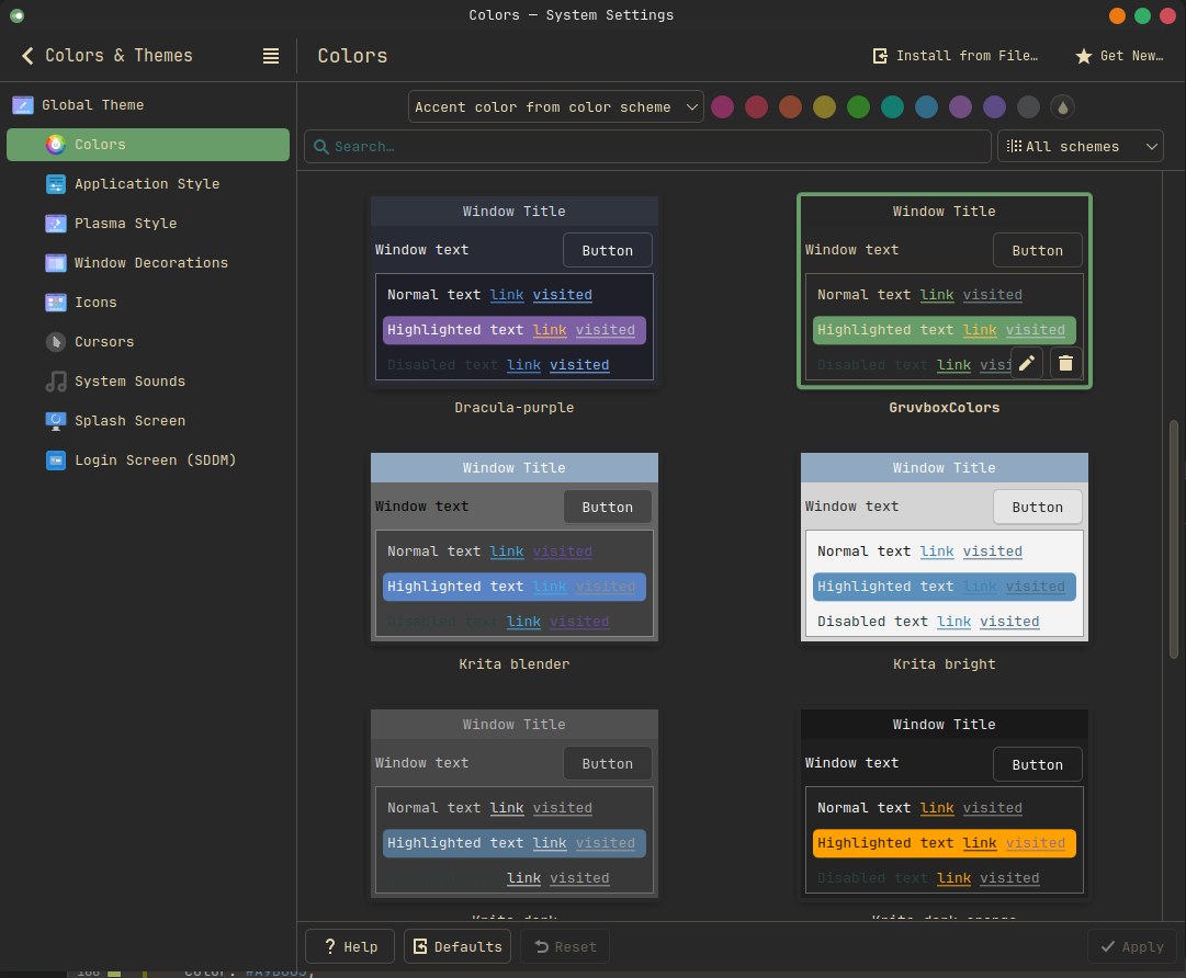 Screenshot of KDE color settings